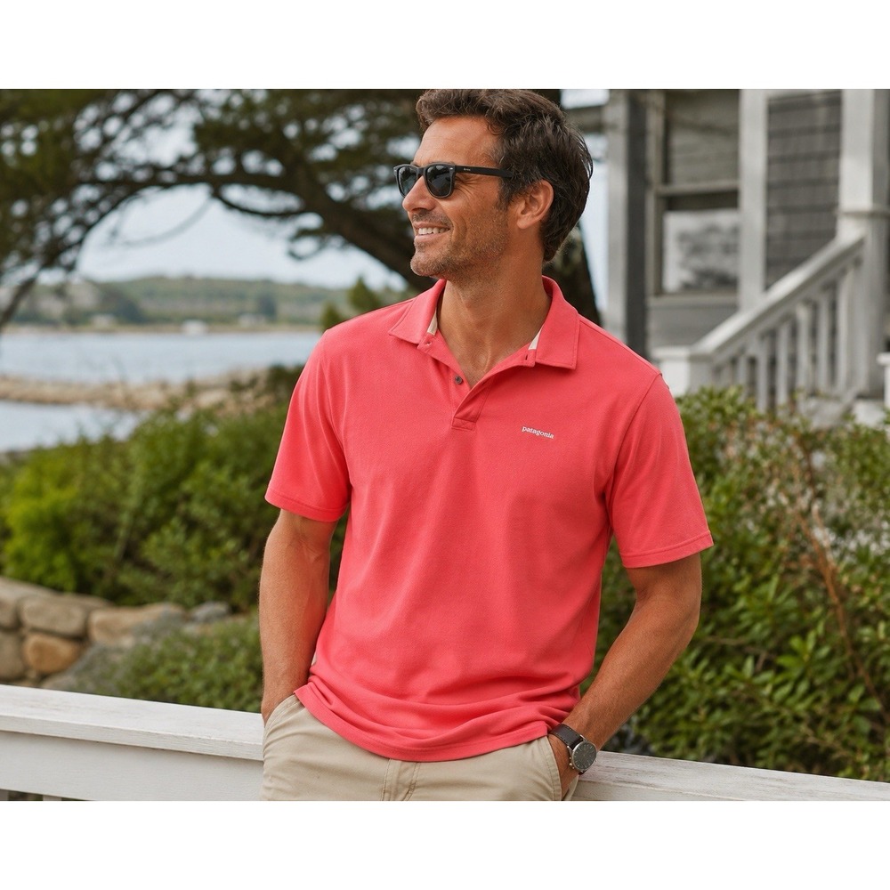 Patagonia Belwe Pique Polo Men XL Coral Organic Cotton Shirt 52381